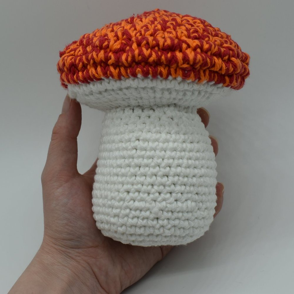 Handcrafted Crochet Mushroom Plush Red and Orange Cap with White Stem and Gills